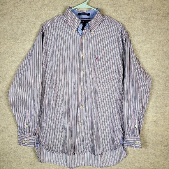 Vintage Tommy Hilfiger Button Down, Men's Large Red White Blue‎ Stripe - Picture 2 of 15